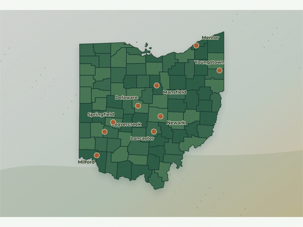 Accurate Ohio land service area map showing Oak Ridge, Covington, Dickson, Elizabethton, Bristol, Lenoir City, Athens, Newport, and Savannah